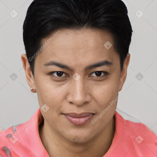Joyful asian young-adult female with short  brown hair and brown eyes
