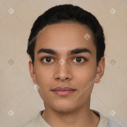 Neutral latino young-adult male with short  black hair and brown eyes