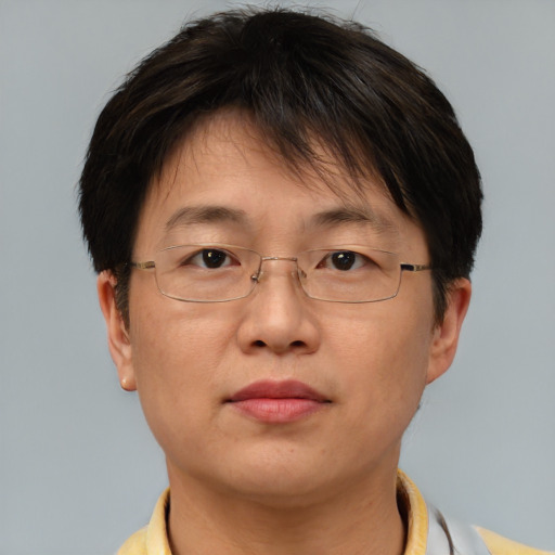 Joyful asian adult female with short  brown hair and brown eyes