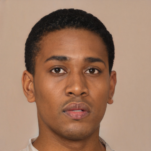 Neutral black young-adult male with short  black hair and brown eyes