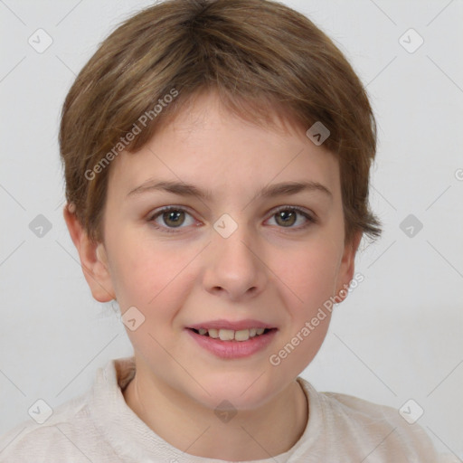 Joyful white child female with short  brown hair and brown eyes