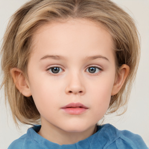 Neutral white child female with medium  brown hair and blue eyes