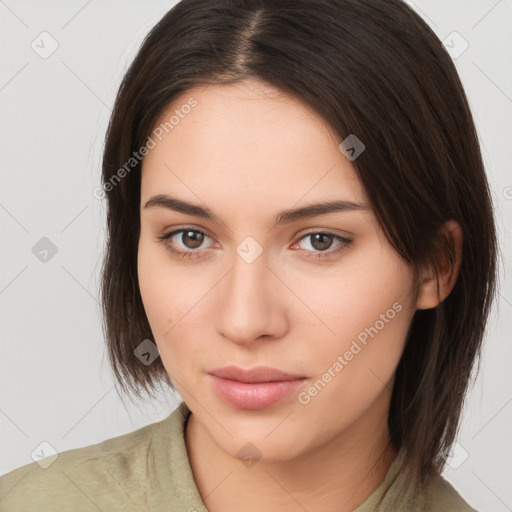 Neutral white young-adult female with medium  brown hair and brown eyes