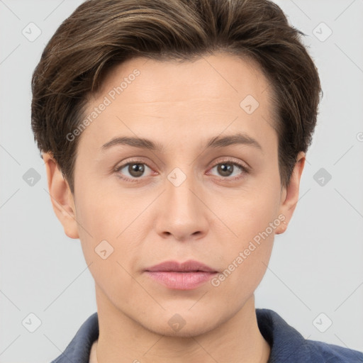 Neutral white young-adult female with short  brown hair and brown eyes