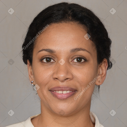 Joyful latino young-adult female with short  brown hair and brown eyes