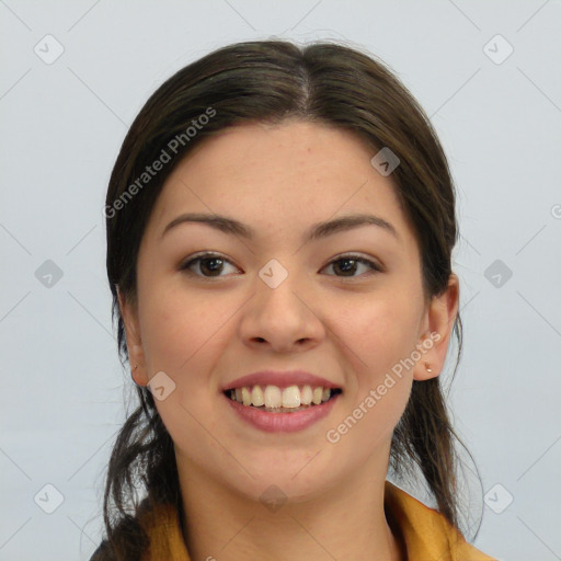 Joyful white young-adult female with long  brown hair and brown eyes