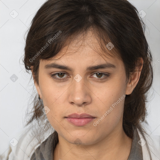 Neutral white young-adult female with medium  brown hair and brown eyes