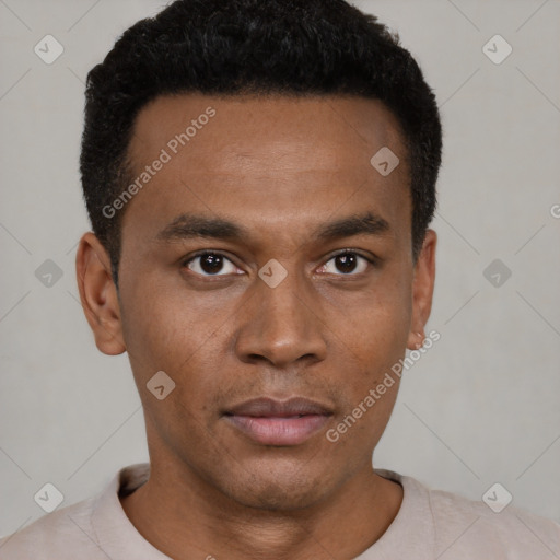 Neutral black young-adult male with short  black hair and brown eyes