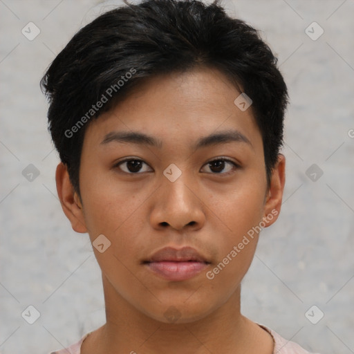 Neutral asian young-adult female with short  brown hair and brown eyes