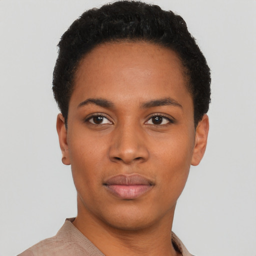 Neutral black young-adult female with short  black hair and brown eyes