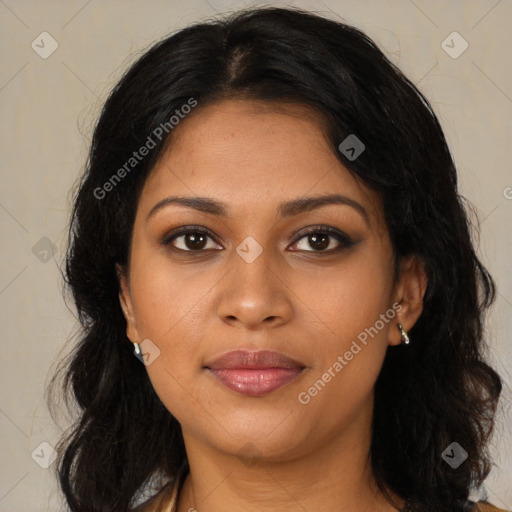 Joyful black young-adult female with medium  brown hair and brown eyes