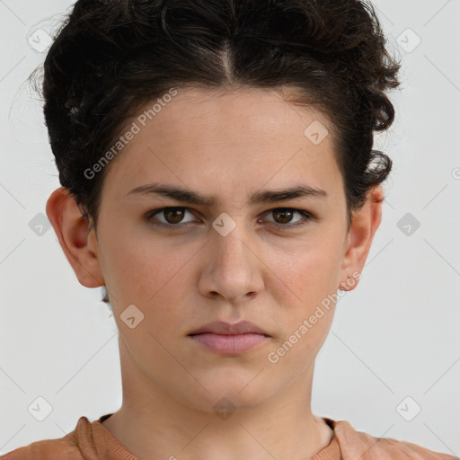 Neutral white young-adult female with short  brown hair and brown eyes