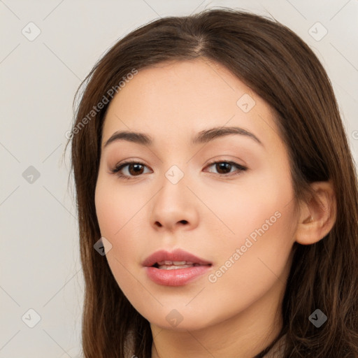 Neutral white young-adult female with long  brown hair and brown eyes