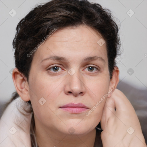 Neutral white adult female with medium  brown hair and brown eyes