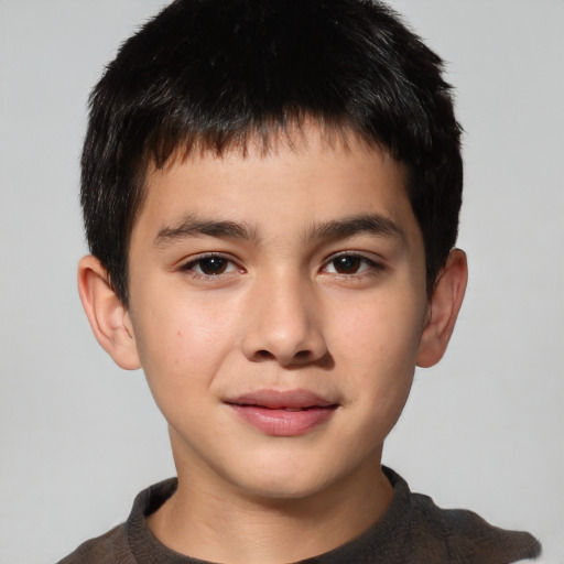 Joyful asian child male with short  brown hair and brown eyes