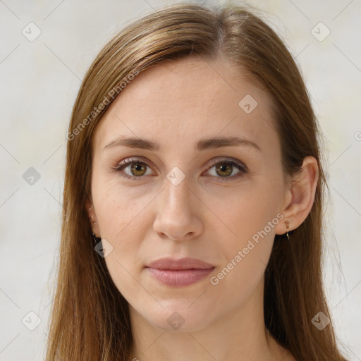 Joyful white young-adult female with long  brown hair and brown eyes