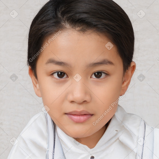 Joyful white child female with medium  brown hair and brown eyes