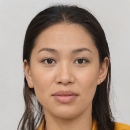 Joyful white young-adult female with medium  brown hair and brown eyes