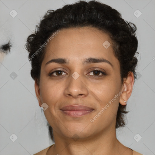 Joyful latino young-adult female with short  brown hair and brown eyes