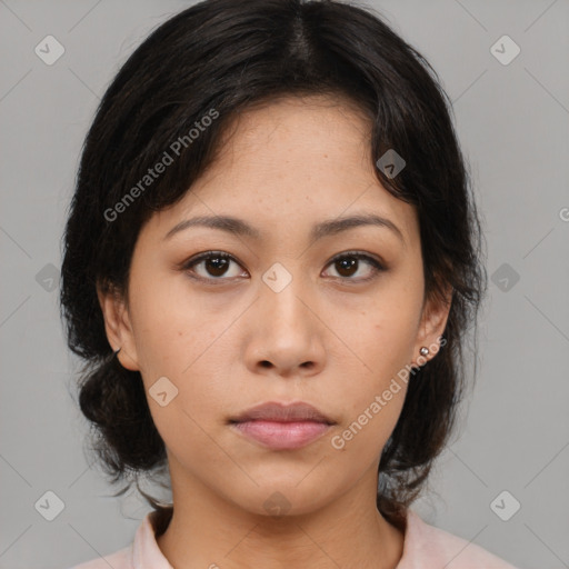 Neutral asian young-adult female with medium  brown hair and brown eyes