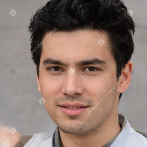 Joyful white young-adult male with short  black hair and brown eyes