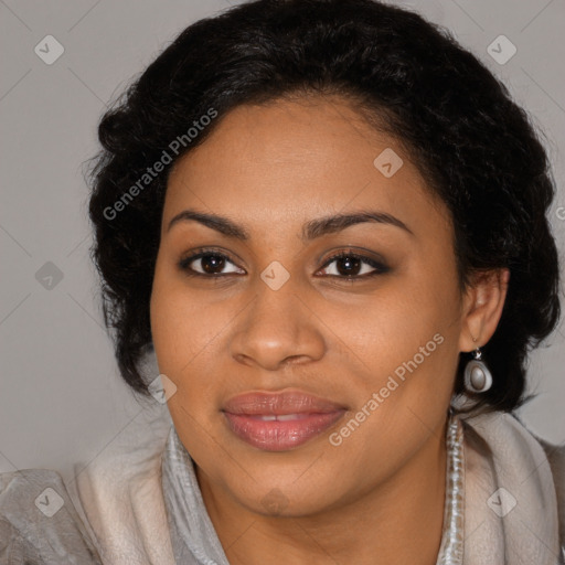 Joyful black young-adult female with long  brown hair and brown eyes