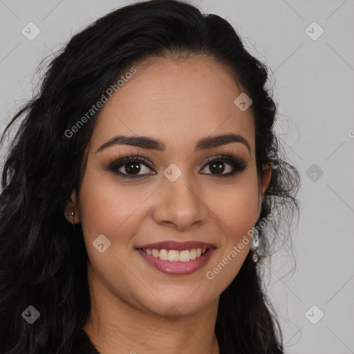 Joyful latino young-adult female with long  brown hair and brown eyes