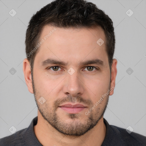 Neutral white young-adult male with short  brown hair and brown eyes