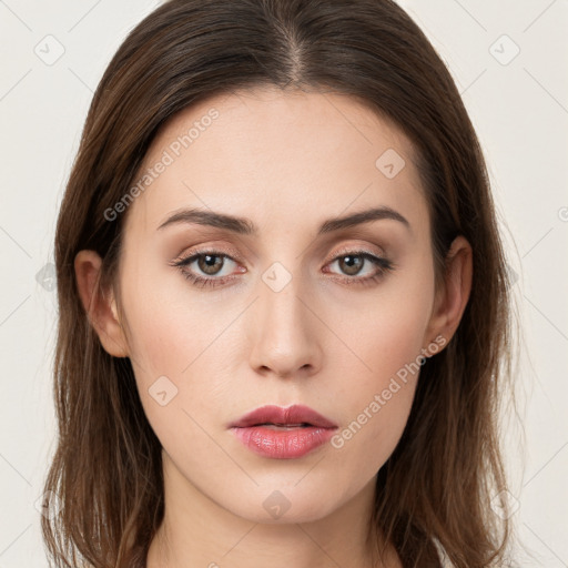 Neutral white young-adult female with long  brown hair and grey eyes