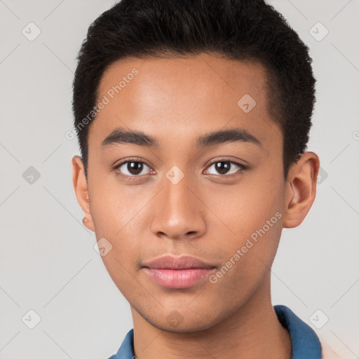 Neutral latino young-adult male with short  brown hair and brown eyes