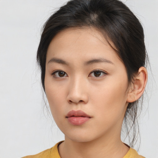 Neutral asian young-adult female with medium  brown hair and brown eyes