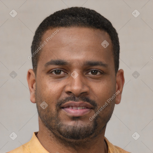 Neutral latino young-adult male with short  brown hair and brown eyes
