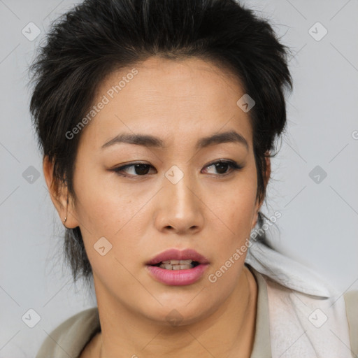 Neutral asian young-adult female with medium  brown hair and brown eyes