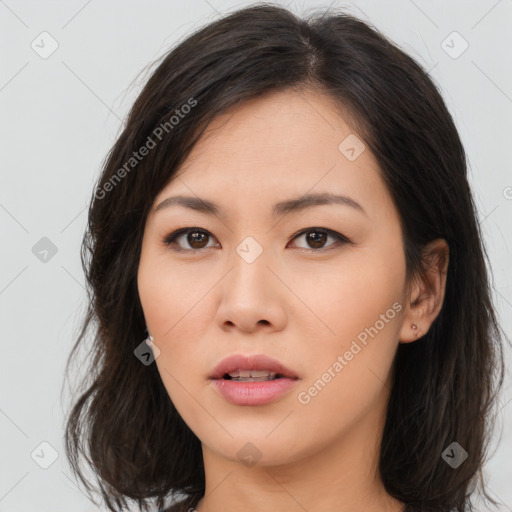 Neutral asian young-adult female with long  brown hair and brown eyes