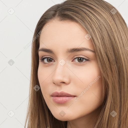 Neutral white young-adult female with long  brown hair and brown eyes