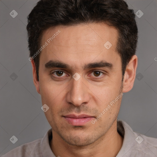 Neutral white young-adult male with short  brown hair and brown eyes