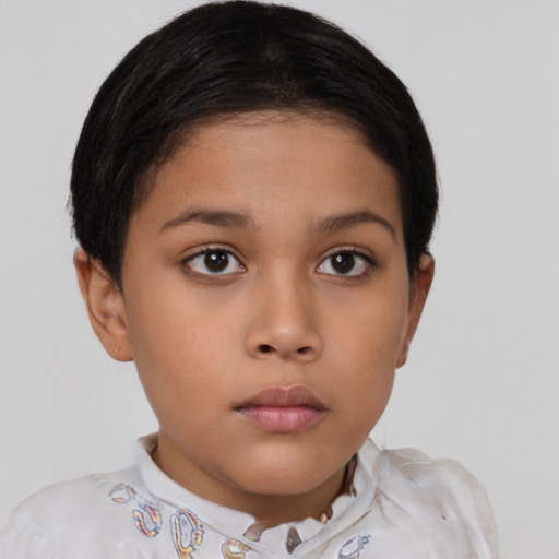 Neutral latino child female with short  brown hair and brown eyes