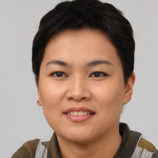 Joyful asian young-adult female with short  brown hair and brown eyes