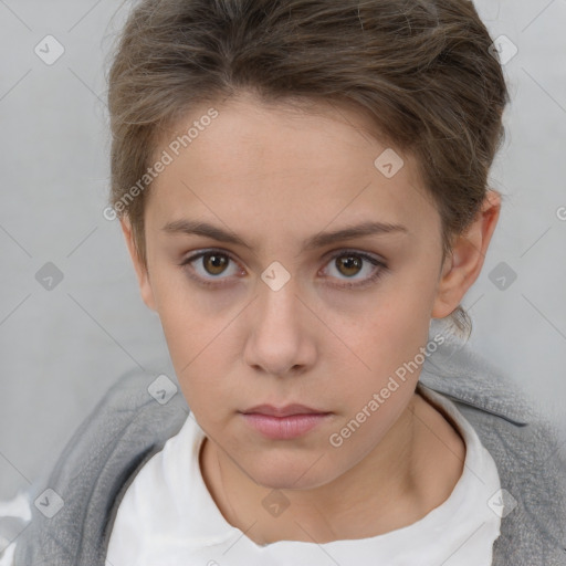 Neutral white young-adult female with short  brown hair and brown eyes