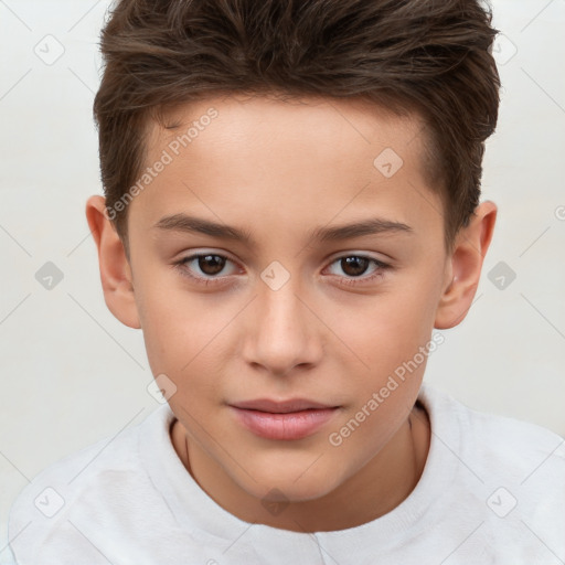 Joyful white child female with short  brown hair and brown eyes