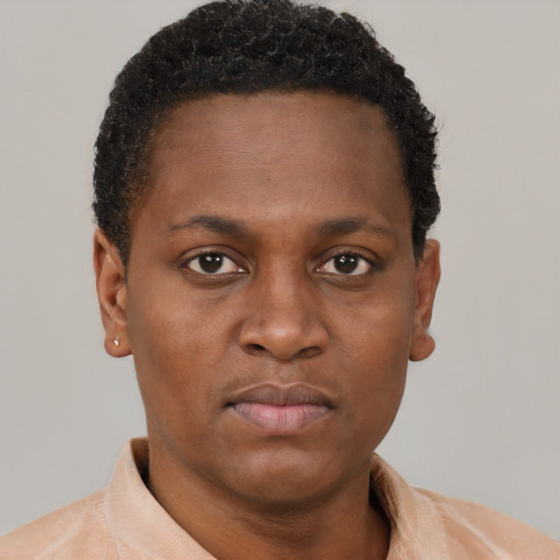 Neutral black young-adult female with short  brown hair and brown eyes