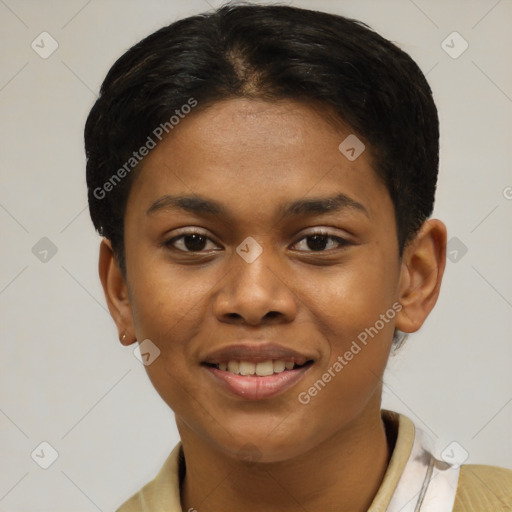 Joyful latino young-adult female with short  brown hair and brown eyes