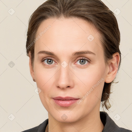 Neutral white young-adult female with medium  brown hair and grey eyes