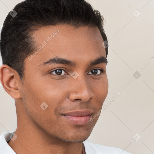 Neutral white young-adult male with short  brown hair and brown eyes