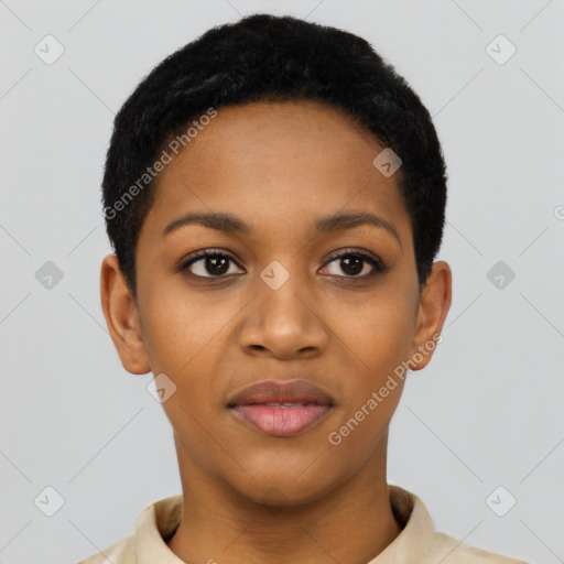 Joyful latino young-adult female with short  black hair and brown eyes