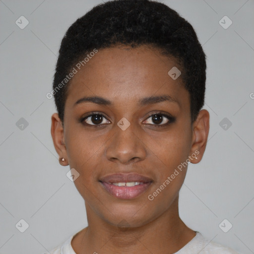 Joyful black young-adult female with short  black hair and brown eyes