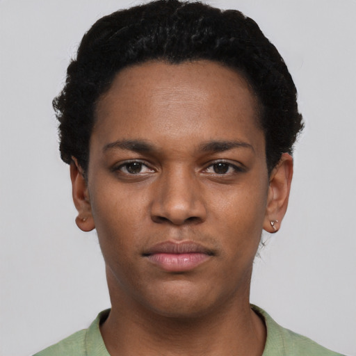 Neutral black young-adult female with short  black hair and brown eyes