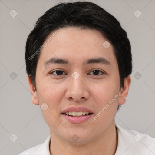 Joyful white young-adult male with short  black hair and brown eyes