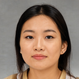 Neutral asian young-adult female with medium  black hair and brown eyes