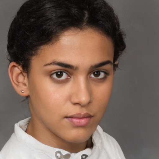 Neutral latino young-adult female with short  brown hair and brown eyes